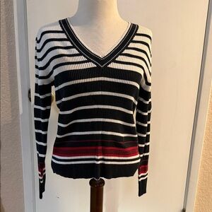 New York & Co V-Neck Knit Sweater Striped Black White Red Size Med